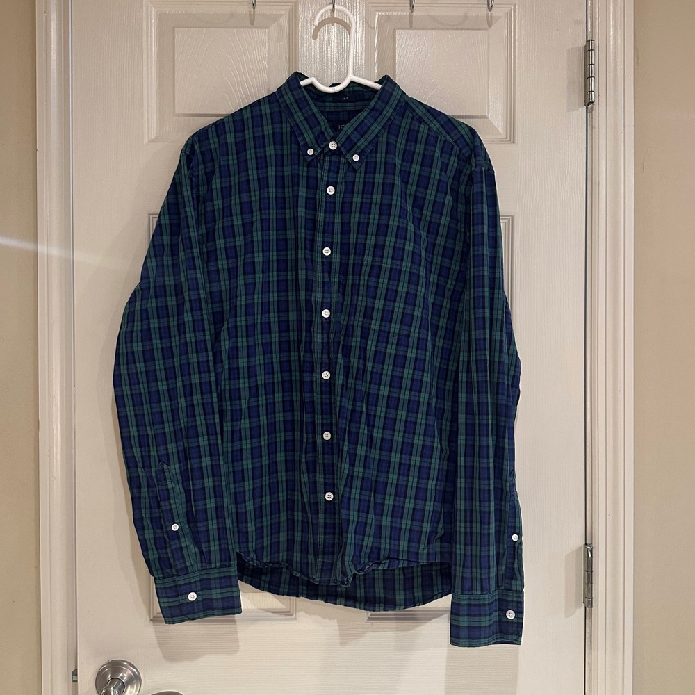 J.Crew Mens XL Slim Fit Plaid Button Down Shirt Navy Green Long Sleeve Preppy